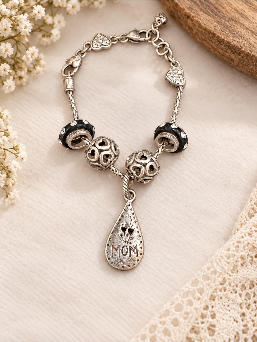 Brighton Silver Tone MOM Heart Charm Bracelet Rhinestone Beads Mother Jewelry